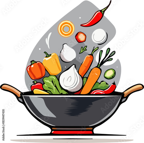 Colorful Fresh Vegetables Flying in Wok – Modern Asian Stir Fry Cooking Illustration
