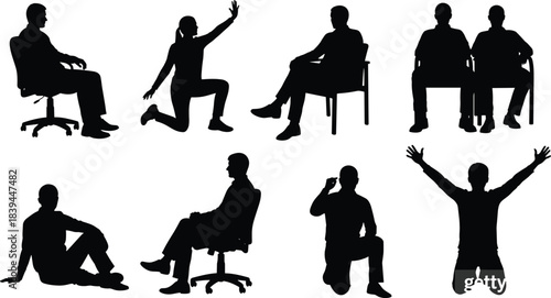 Collection of black silhouettes of people in various poses and seated positions on white background