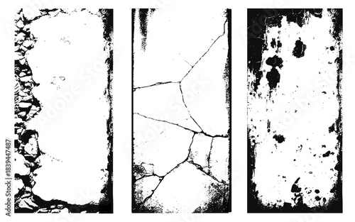 Set of vector Black and white cracked wall, old wall, grunge wall paint effect, grungy transparent texture background. Vector grunge cracked texture style with cracked texture.	