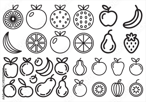 A collection of various hand drawn fruit illustrations in black and white