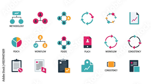 Colorful icons representing data flow process and workflow management concepts