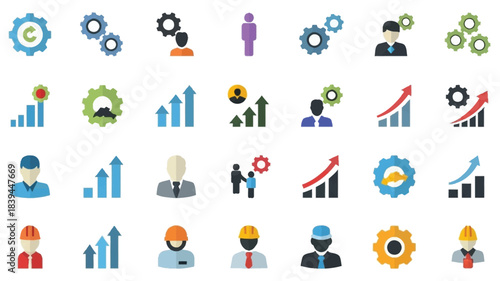 Collection of colorful business and industry icons depicting growth and teamwork