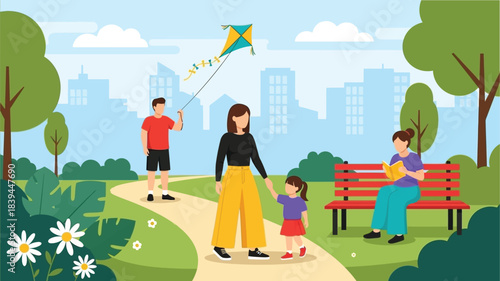 A sunny day in the park with family enjoying leisure activities
