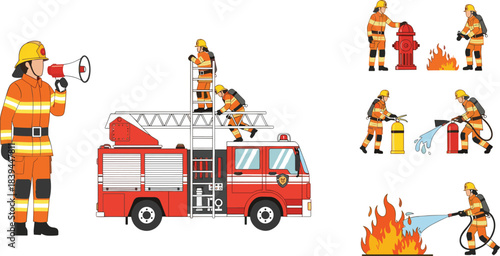 Firefighters in orange protective gear with a red fire truck and various rescue scenes