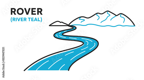 Rover river teal illustration featuring a winding river and mountain range