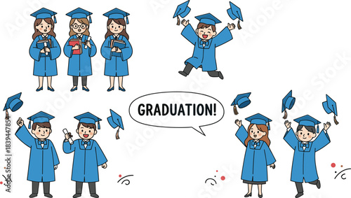 Diverse cartoon graduates in blue gowns celebrating graduation tossing caps and holding books