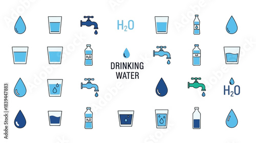 Various illustrations depicting water sources containers and the word drinking water