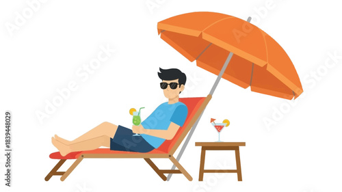 A man relaxing on a beach chair under an orange parasol
