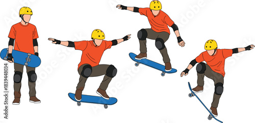 Four cartoon skateboarders in action wearing orange shirts yellow helmets and protective gear