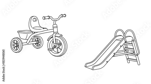 Line art illustration of a tricycle a slide and playground equipment