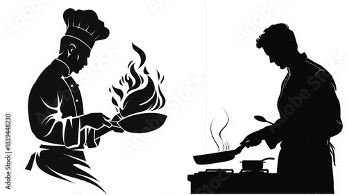 Chefs Cooking Flambé and Stove Silhouette Set