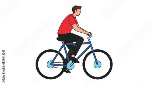 A simple illustration of a man riding a blue bicycle outdoors