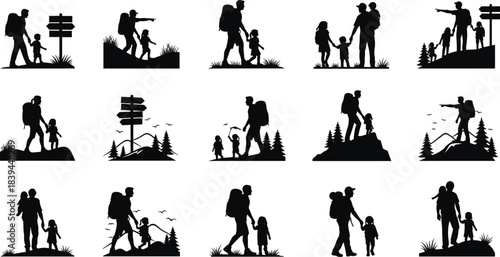 Silhouette collection of father and child hiking and exploring nature scenes walking