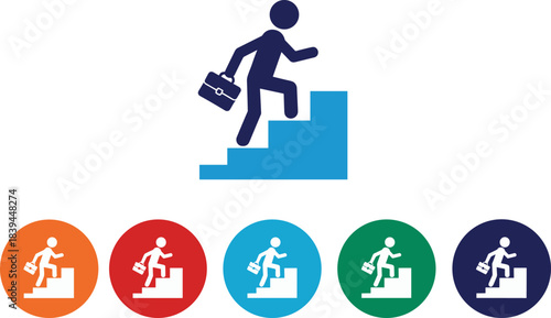 Silhouette man with briefcase climbing blue stairs and five circular icons with white figures climbing stairs