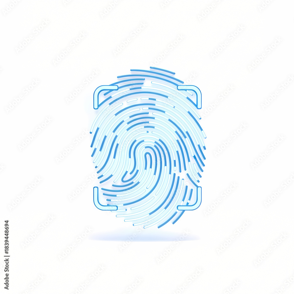 Obraz premium Blue glowing fingerprint with a scanning frame, symbolizing digital security and biometric identification technology.