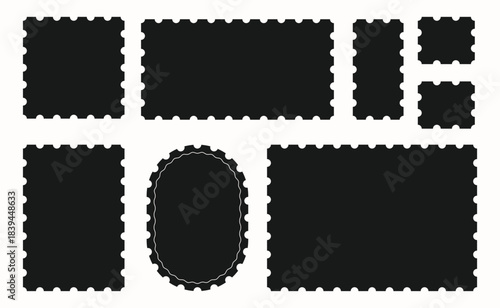 Collection of black silhouetted postage stamp frames with serrated edges