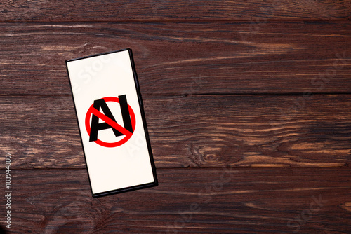 No AI Concept Sign on a Smartphone Screen Over Wooden Background