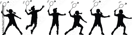 Set of Vector Black Silhouettes of Young Female Badminton Players in Various Dynamic Poses Hitting the Shuttlecock with Rackets for Sport and Competition