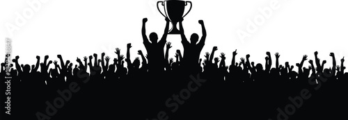 Vector Black Silhouette of a Cheering Crowd Celebrating a Victory with Two People Holding a Championship Trophy Above Their Raised Arms in Excitement