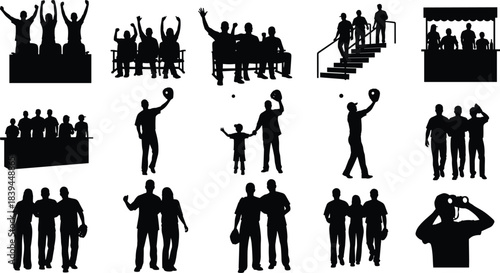 Baseball, stadium, silhouette, posture, gesture, fan, glove, binocular, concession, cheer, setup, vector, black, pose, flavector, minimal, sport, crowd, interaction, event, activity