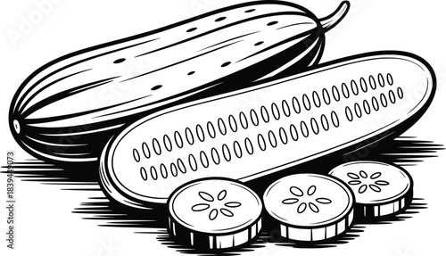 Cucumber Line Art Illustration, Whole, Sliced, and Fresh Vegetable Drawing.