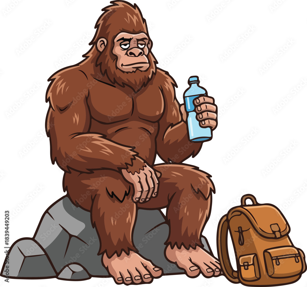Obraz premium Resting Bigfoot Drinking Water Cartoon Sasquatch on Hiking Break