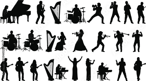 Diverse Music Ensemble Silhouettes: Collection of Jazz, Pop, and Classical Performers Playing Instruments Including Piano, Guitar, Saxophone, Drums, Harp, and Violin