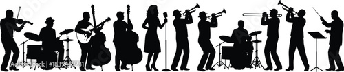 Large Orchestra and Jazz Band Performance Silhouettes Collection: Musicians Playing Saxophone, Trumpet, Violin, Drums, Piano, Bass, and Conducting Live Concert Vector