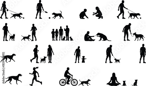 People and Pets Silhouette Set: Walking, Running, Playing, Training, and Bonding with Dogs and Cats in Various Daily Activities Vector