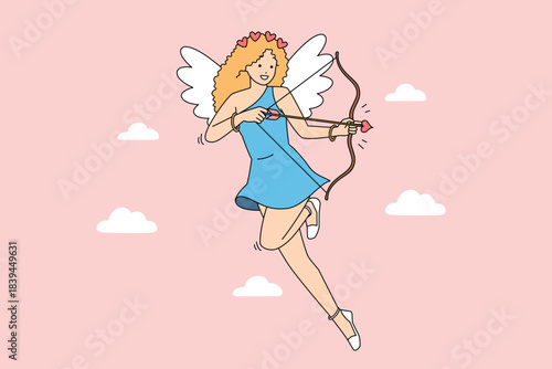 Charming angelic maiden soaring beneath pink sky holding bow and arrow