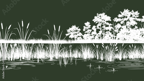 Abstract white plants and trees reflected in dark water surface  