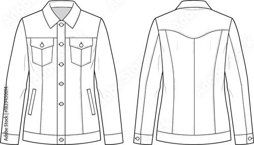 Technical fashion sketch, denim jacket front and back, vector garment illustration, apparel design template, clothing construction, fashion flat drawing