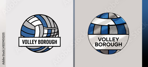 Volley Borough round volleyball marks with stitched panels; modern sport logo set for clubs, leagues, uniforms and merchandise
