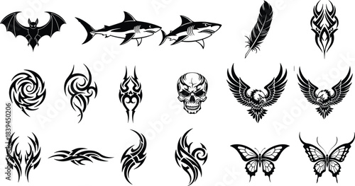 Tribal tattoo vector set, black abstract symbols, animal and flame motifs, butterfly, skull, eagle, shark, tribal art icons