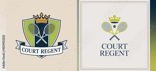 Court Regent shield crest with crown and crossed rackets; elegant tennis logo set for clubs, leagues, tournaments and premium sports branding