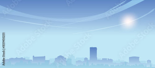 Blue panoramic poster of the city skyline with misty background buildings and clouds of LOS ANGELES, UNITED STATES