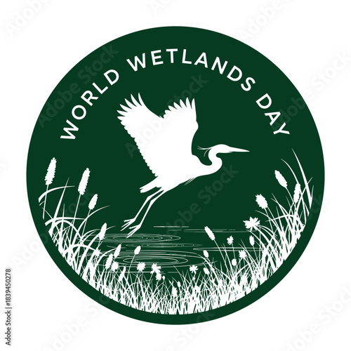 World Wetlands Day logo featuring heron over wetland landscape  