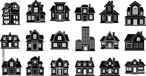 Vector collection of detailed residential suburban houses and large detached family homes; black silhouette icons set perfect for real estate, property, and architecture graphic design.