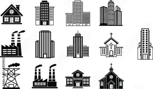 Black and white building icons, urban architecture symbols, vector design for education, planning, infrastructure, real estate, religion, government, industry