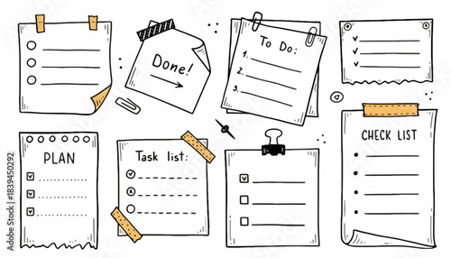 Hand-Drawn Collection of Planner Notes, To-Do Lists, and Checklists for Task Management and Productivity Organization