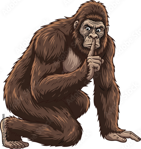 Cartoon Bigfoot Silencing Gesture Funny Sasquatch Shushing Illustration
