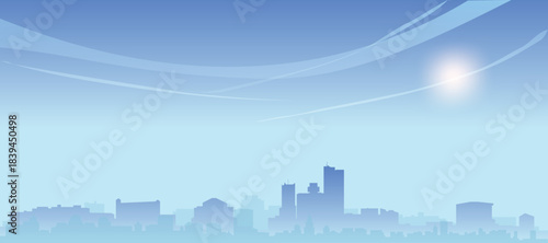 Blue panoramic poster of the city skyline with misty background buildings and clouds of PHOENIX, UNITED STATES