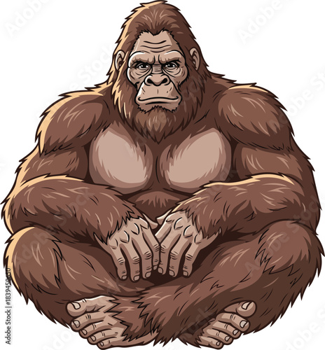 Serious Bigfoot Cartoon Calm Sasquatch Sitting Illustration