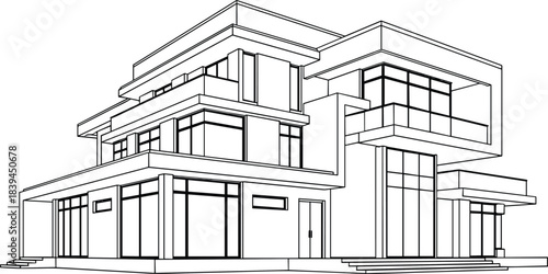 Vector line art illustration of a luxurious modern contemporary house exterior, architectural wireframe drawing suitable for blueprint, design, or high-end real estate projects.