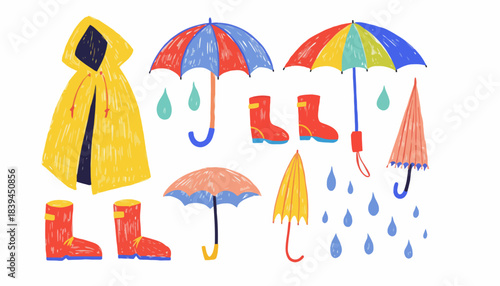 Collection of Yellow Raincoat, Red Boots, and Colorful Umbrellas with Raindrops, perfect for Children's Illustrations and Weather-themed Designs
