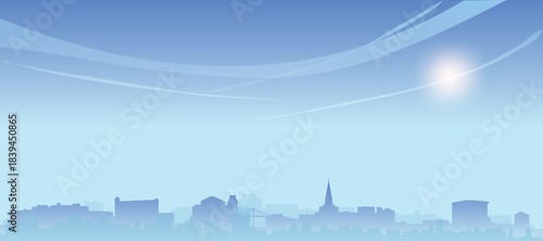 Blue panoramic poster of the city skyline with misty background buildings and clouds of SAN FRANCISCO, UNITED STATES
