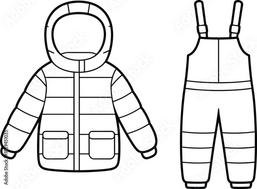 Winter clothing line art, kids puffer jacket and overalls, insulated outfit illustration, cold weather fashion, vector sketch, seasonal apparel