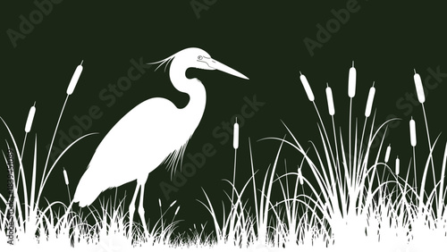 White heron standing among tall grasses on dark background  
