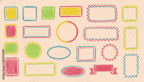 Charming assortment of hand-drawn frames and doodle borders in various shapes and vibrant colors, featuring a playful crayon texture for creative projects and labels