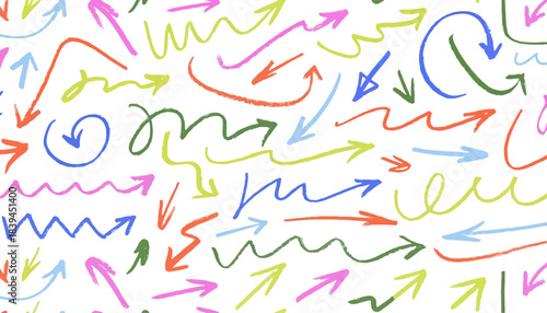 Whimsical and artistic seamless background design with an array of colorful sketch arrows, depicting flow, choice, and guidance in a creative and engaging style